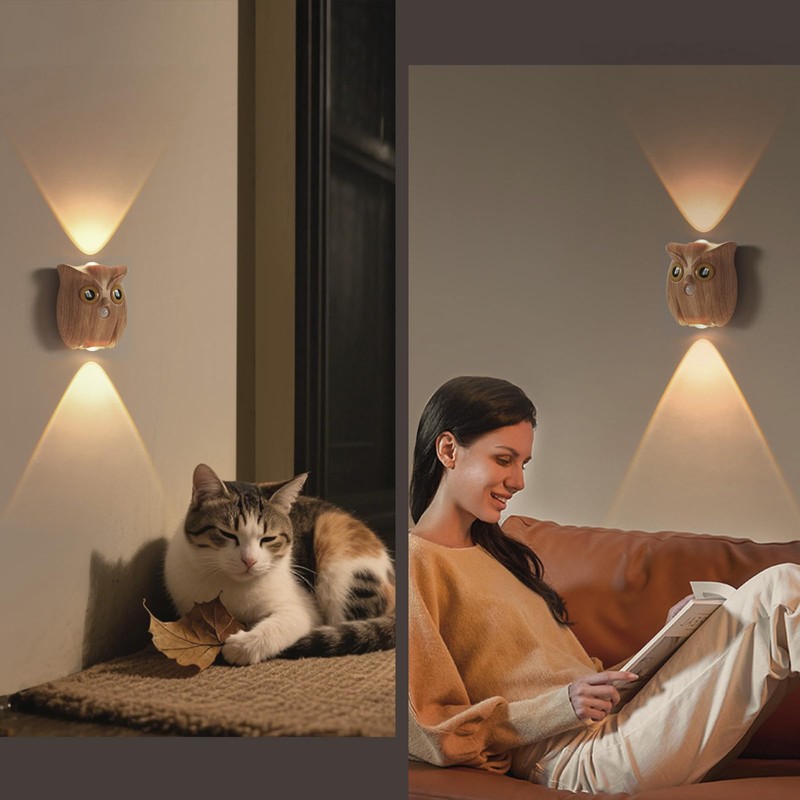 GDQ Wireless Motion Sensor Night Light, Cute Owl Wood Grain