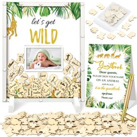 Beeveer 65 Pcs Baby Shower Guest Book He or She Gender Reveal Baby Shower Decorations Favors Sign in Guest Book wit Picture Frame and 60 Wooden Chip for Baby Shower Party (Gold Animal, Green)