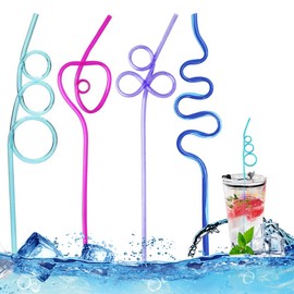 Reusable Straw, Colourful Cocktail Straws, Plastic Curly Straw for Smoothie, Milk, Tea, Coffee, Pack of 12 Long Plastic Straws for Children Adults (4 Colours, 4 Shapes)