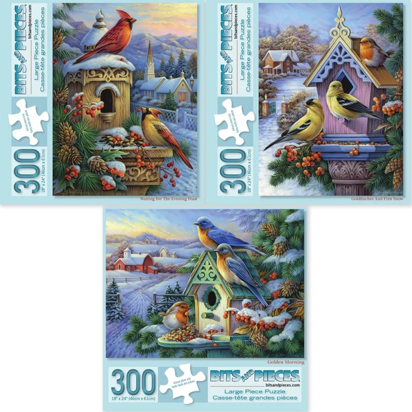 Bits and Pieces - Value Set of Three (3) 300 Piece Jigsaw Puzzles for Adults - Puzzles Measure 18" x 24"- Golden Morning, Goldfinches First Snow, Evening Feast Jigsaws by Artist Oleg Gavrilov