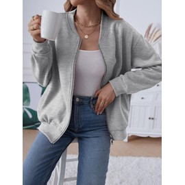 MEROKEETY Womens Fall Zipper Sweatshirt Long Sleeve Running Workout Jacket with Pockets, LightGrey, Large