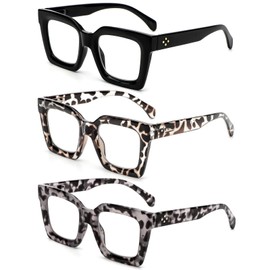 REAVEE 3 Pack Oprah Style Oversized Reading Glasses for Women Men, Blue Light Blocking Computer Thick Frame stylish Square Readers with Spring Hinge((Black/Grey Tortoise/Clear Tortoise, 1.25)
