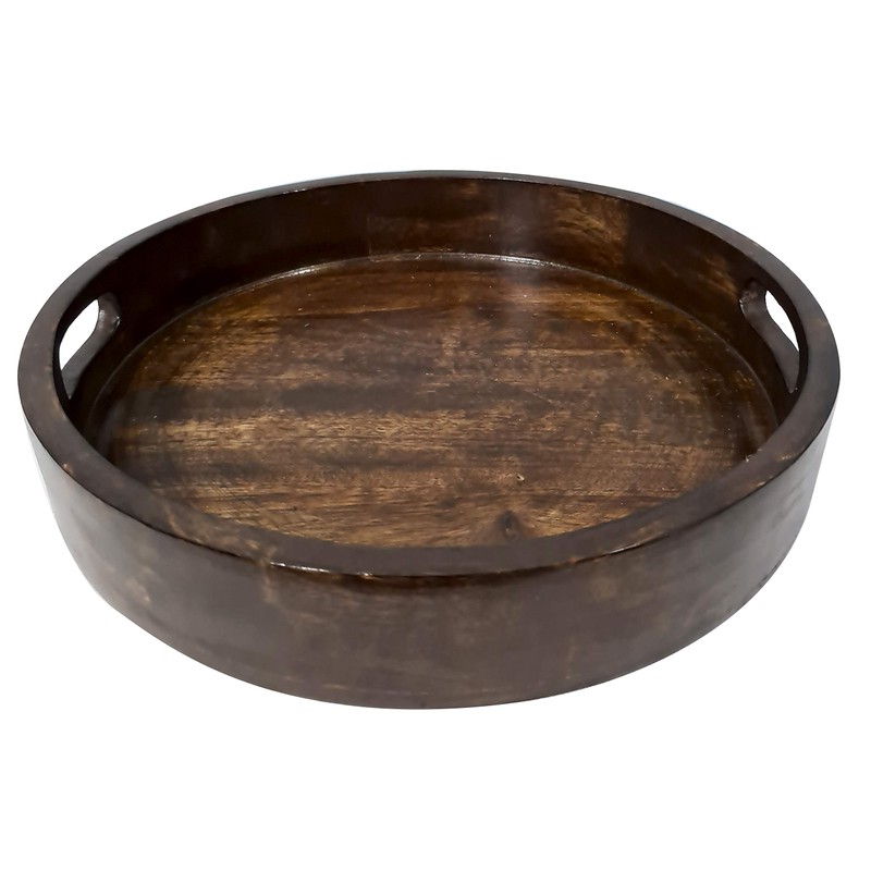 Hand Carved Wooden Round Platter with Handles Rustic Serving Tray,