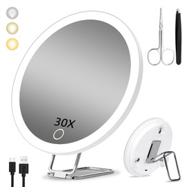 Magnifying Mirror with Light 30X, , Large 6" Rechargeable 3 Colors Modes Dimming Lighted Makeup Mirror with 30X Magnification, LED Travel Magnified Mirror with 3 Suction Cups and 360° Table Stand
