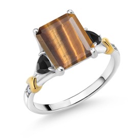 Gem Stone King 925 Silver and 10K Yellow Gold Brown Tiger Eye and Black Onyx and Diamond Engagement Ring For Women (3.26 Cttw, Emerald Cut 10X8MM, Trillion 3.5MM) (Size 5)
