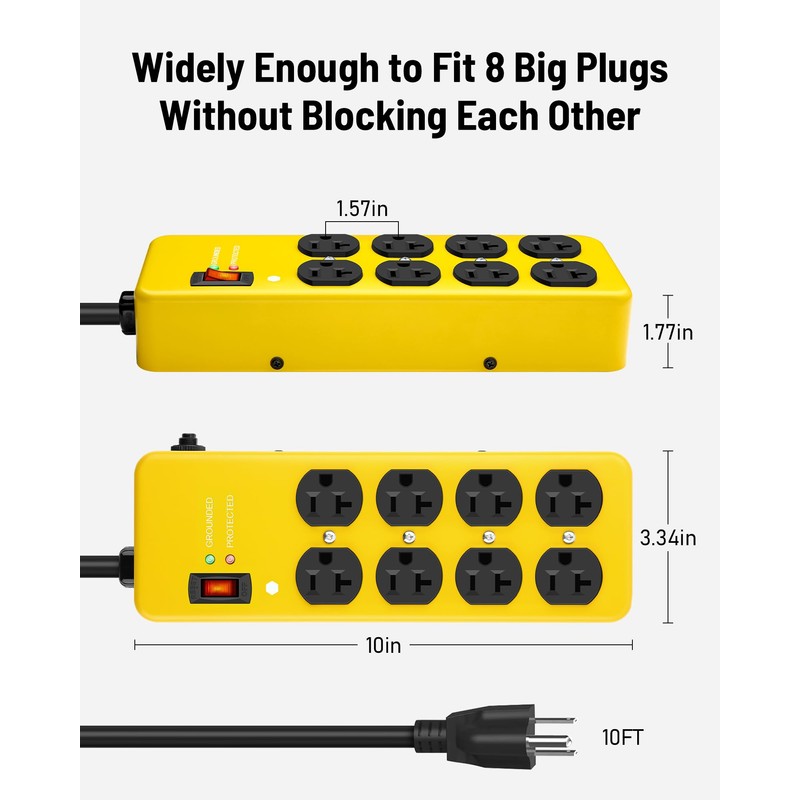 KeBen 20A Heavy Duty Power Strip Surge Protector,Yellow,12 Gauge,8AC/10FT