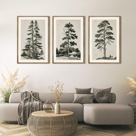 ANHUIB Vintage Tree Sketch Framed Canvas Wall Art 16x24 Inch Neutral Wilderness Forest Paintings Retro Botanical Wall Decor Set of 3 for Living Room Bedroom Office