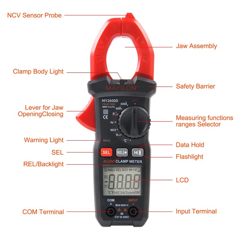 Digital Clamp Meter, Multimeter 6000Counts Volt Meter Auto-ranging Measures AC/DC