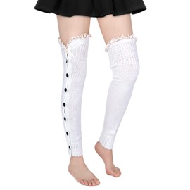 Benefeet Sox Womens White Leg Warmers Girls 80s Crochet Cable Knit Decorated Wool Thigh High Boot Socks Long Footless Winter Socks Slouch Kawaii Dance Cute Leg Warmers, White-Lace Trim Cuff, Buttons