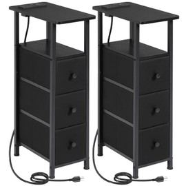 LOAKEKEL LOAKEKEL Narrow End Tables Living Room Set of 2 with Charging Station, Skinny Side Table with Fabric Drawers, Slim Nightstand for Bedroom, Small Spaces, Couch, Black, HETNDP03BK