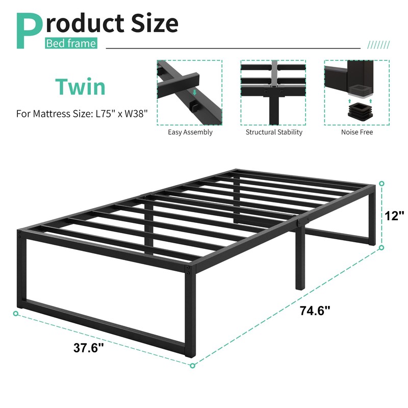 Lutown-Teen 12 Inch Twin Size Bed Frames with Heavy Duty