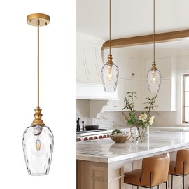 AIBISOD Pendant Lights Kitchen Island, Gold Pendant Light Fixtures Hanging Light Fixture Transparent Water Ripple Glass Lamp Shade Island Lights for Kitchen Living Dining Room Farmhouse Pendant Light