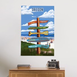 Lantern Press 24x36 Inch Giclee Print, Oregon, Signpost, Coast Beach with Umbrellas