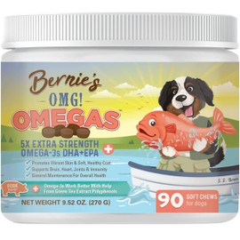Bernie’s OMG! Omegas Chews for Dogs - 5X Extra Strength DHA+EPA, Fish Oil, Healthy Skin & Coat, Allergy Relief, Joint Supplement (Pork Flavor)