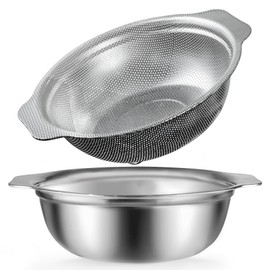 POPGRADE Stainless Steel Colander, 5QT Large Capacity with Mixing Bowl, Rice Washing Bowl with Strainer for Washing Vegetables, Fruit, Spaghetti, Pasta Strainer, Dishwasher Safe(2PC)
