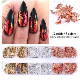 XEAOHESY 2 Boxes 24 Grids Gold Silver Holographic Nail Art Foil Flakes Glitter Nail Sequins Aluminum Nail Foil Flakes Stickers Holographic Nail Glitter Foils for Women Girls Nail Art with tweezers