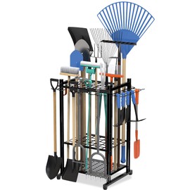 Garden Tool Organizer Rack Up to 50 Tools, Heavy-Duty Steel Yard Tool Organizer for Garage Storage with 11 Hooks, Broom Holder & Garden Tool Rack for Shed, Patio, Outdoor Use, Black