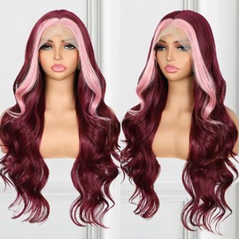 BABEHERS Burgundy Lace Front Wig for Women Skunk Stripe 13x4 Body Wave Synthetic Wigs Highlight Pre-plucked Long Wavy 150% Density Natural Heat Resistant Hair Daily Use 26 Inch