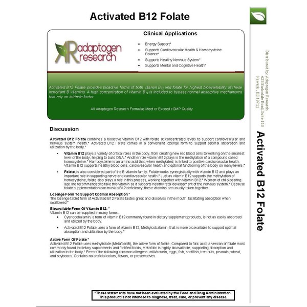 Activated B12 Folate Lozenges Formula | High Potency Methylcobalamin Metafolin Folate L-5-MTHF | Bioactive Forms Vitamin B12 and Folate | 60 Fast-Dissolving Tablets |Adaptogen Research