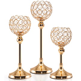 ZEAYEA Set of 3 Crystal Candle Holders, Gold Candlesticks Holder for Pillar Candles and Tea Light, Candle Stand Table Centerpieces for Wedding Party Christmas Home Decor Housewarming Gift, 3 Size