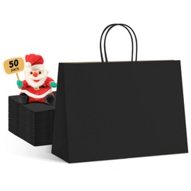 METRONIC 50 Pack 16X6X12 Inch Large Black Paper Bags, Kraft Gift Paper Bag with Handles, Shopping Bags for Small Business, Boutique, Gift Wrap, Bulk