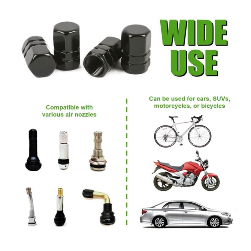 Black Hex Aluminum Tire Valve Stem Caps - 4 Pack