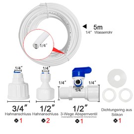 PAROAD 5 Metre Universal Connection Set, 1/4 Inch Hose for Water Filter, Ice Machine, Aquarium (3/4 Inch and 1/2 Inch Female Thread Tap Connection to 1/4 Inch Plug Connection, 3-Way Shut-off Valve)
