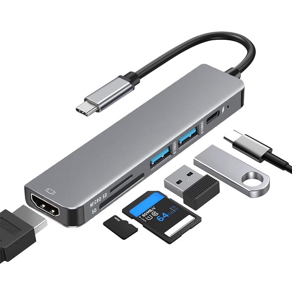 USB-C Hub 6-in-1, Multiport Adapter mit HDMI 4K, SD/TF Kartenleser,