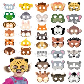 34 Pcs Animal Masks Kids Forest Friends Zoo Animals Cartoon Masks with Elastic Rope Jungle Zoo Animals Cartoon Mask for Kid Costume Party, Kids Birthdays Xmas Jungle Theme Party Favors Supplies