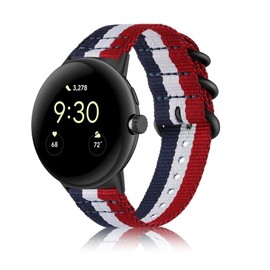 SUGARJAR Soft Nylon Watch Bands Compatible with Google Pixel Watch 3/4 45MM, Soft Elastic Adjustable Replacement Strap with Stainless Steel Clasp for All-Day Wear, Men & Women, RedWhiteBlue