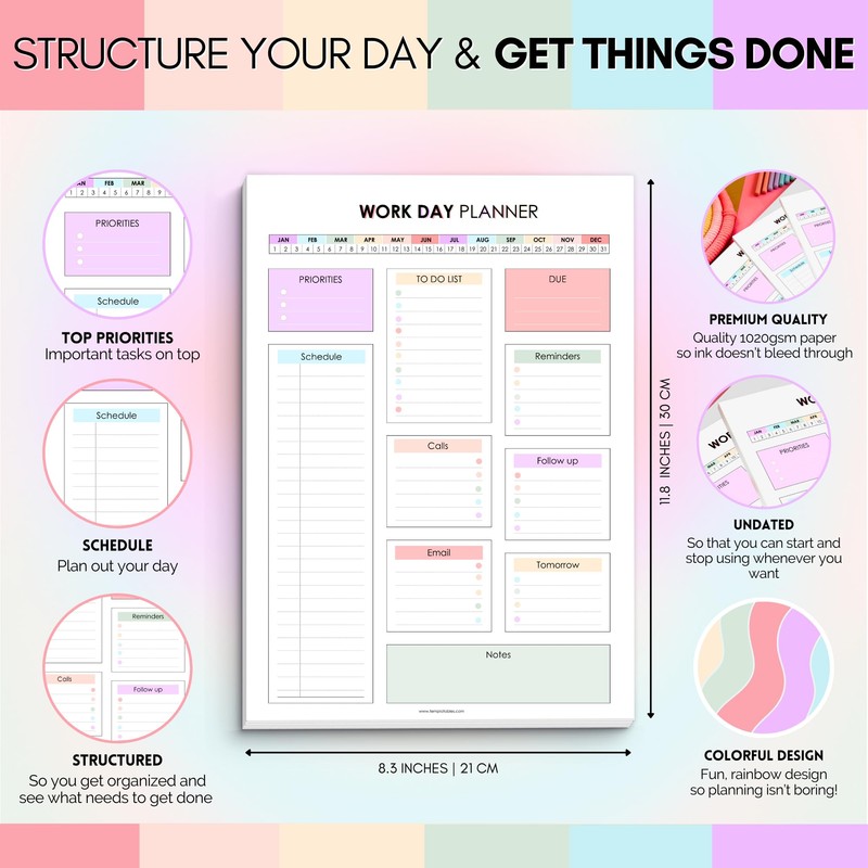 Work Day Planner Notepad | Daily Organizer to Structure Your
