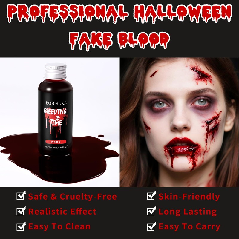 BOBISUKA Realistic Fake Blood, Long-Lasting SFX Makeup (Dark, 50ml)