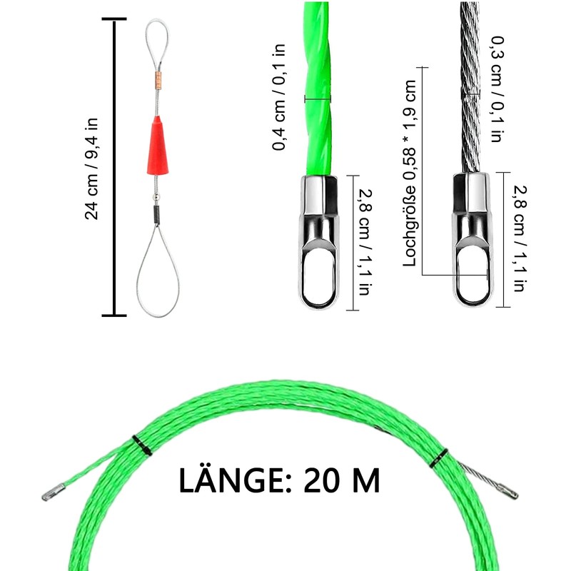 Cable retraction aid, 20 m spiral pull wire with 2