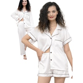WJing Yi Jia Womens 5Pcs Silk Pajamas Set XS-2XL Satin Pajama Sets Silky Sleepwear Pjs Loungewear Button Down Pj Nightwear White