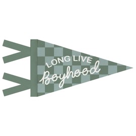 JXREQ Long Live Boyhood Pennants Banners Flags for Kids Boys Room Decor, Retro Green and Grey Checkered Canvas Wall Art Decor for Kids Toddler Room Nursery Playroom, 8x17 Inch