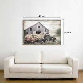 Framed Wooden Farmhouse Wall Art: Countryside Old Truck Painting Vintage Flower Car Picture for Living Room