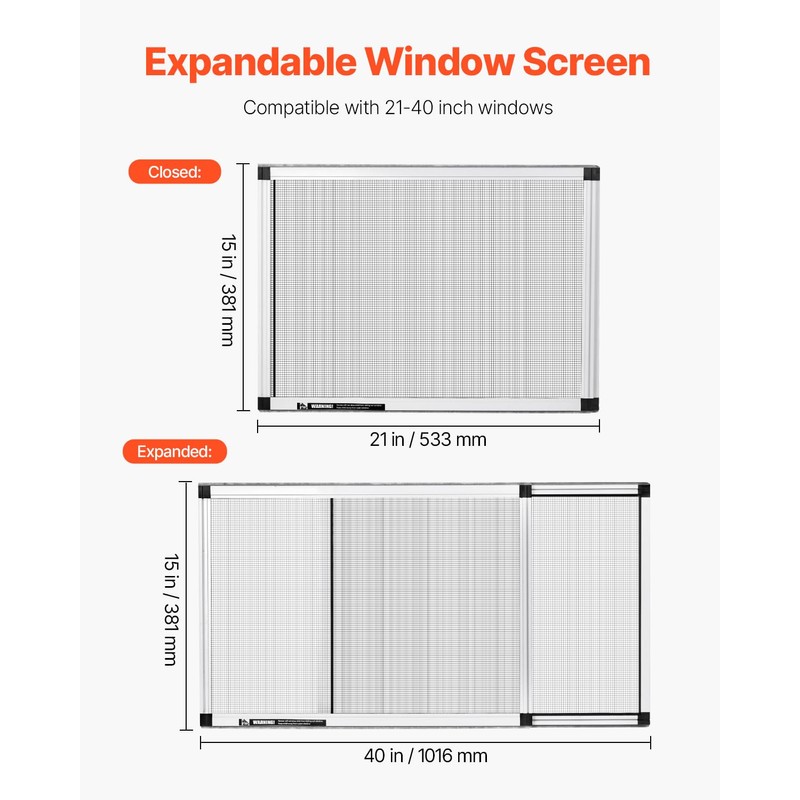 VEVOR Adjustable Window Screen, 15" H x 21" - 40"
