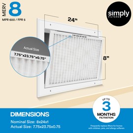 Simply Filters 8x24x1 MERV 8, MPR 600, Air Filter (4 Pack) - Actual Size: 8"x24"x0.75" HVAC, AC Furnace Air Filter