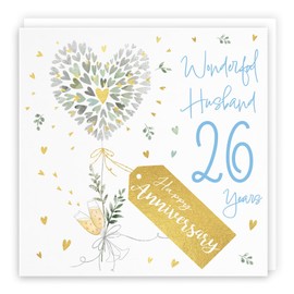 Hunts England - 26th Wedding Anniversary Card - '26 Years Husband' - Contemporary Hearts & Gold Foil - Luxury Anniversary Card For Him - Milo's Gallery