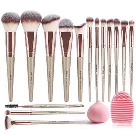 Brochas de Maquillaje Profesional Kit 15 Piezas Set de Brochas para Maquillaje Sintéticas de Alta Calidad Rubor Brochas Maquillaje Sombras de Brochas para Ojos(Oro Champagne)