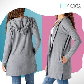FITKICKS Everywear Women’s Lightweight Hooded Cardigan with Pockets, Gray, Medium/Large