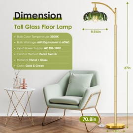 Gold Floor Lamp for Living Room,Unique Vintage Standing Tall Lamp,Mid Century Modern Floor Lamps Arc Green Glass Floor Lamps for Office Corner