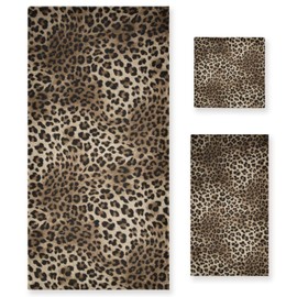 COVASA 3 Piece Brown Leopard Bath Towel Set,Microfiber Decorative Black Cheetah Wild Savannah Animal Skin Print Bathroom Towels,1 Bath Towel 1 Hand Towel for Bathroom Kitchen,1 Washcloth for Face