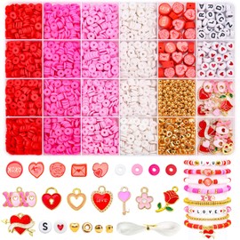 BONNY BOXX Juego de 3300 piezas de cuentas de arcilla para el día de San Valentín, cuentas planas redondas de disco Heishi de arcilla polimérica con cuentas de letras y encantos para hacer pulseras de