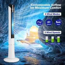 COSTWAY Tower Fan with Remote Control, Portable 47.5-Inch Standing Floor Fan with 80˚ Oscillating, 15H Timer, 3 Modes and 3 Speeds, Quiet Bladeless Fan for Bedroom Living Room Office, White