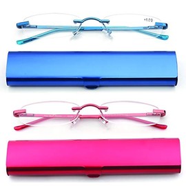 Women's 2 Pack Compact Slim Reading Glasses in Aluminum Case - Frameless, Super Light Weight - Blue & Red, 2.25