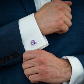 Jonwo Round Diamond Cutting Crystal Men Cufflinks With Gift Case French Cuff Shirt Unisex Cuff Link Buttons for Business Wedding Tuxedo (Purple)