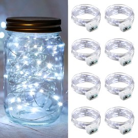 chzk 8 Pack White Fairy Lights 7Ft 20 LED Twinkle String Lights 3 Modes Battery Operated Waterproof Firefly Starry for Mason Jar Party Wedding Christmas Valentines Day Table Centerpieces,Cold White