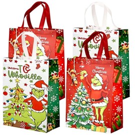40x30cm Gift Bags, Grinch 4Pack Christmas Reusable Grocery Bag with Handle, Large Tote Gift Present Bag, Shopping Bag for Holiday Xmas Girls Boys