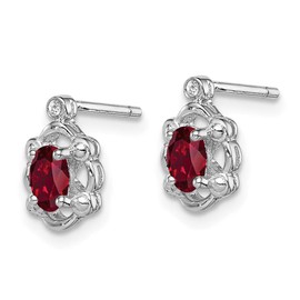 Solid Real 925 Sterling Silver Created Ruby and Diamond Studs Post Earrings - 10mm x 6mm (.01 cttw.)